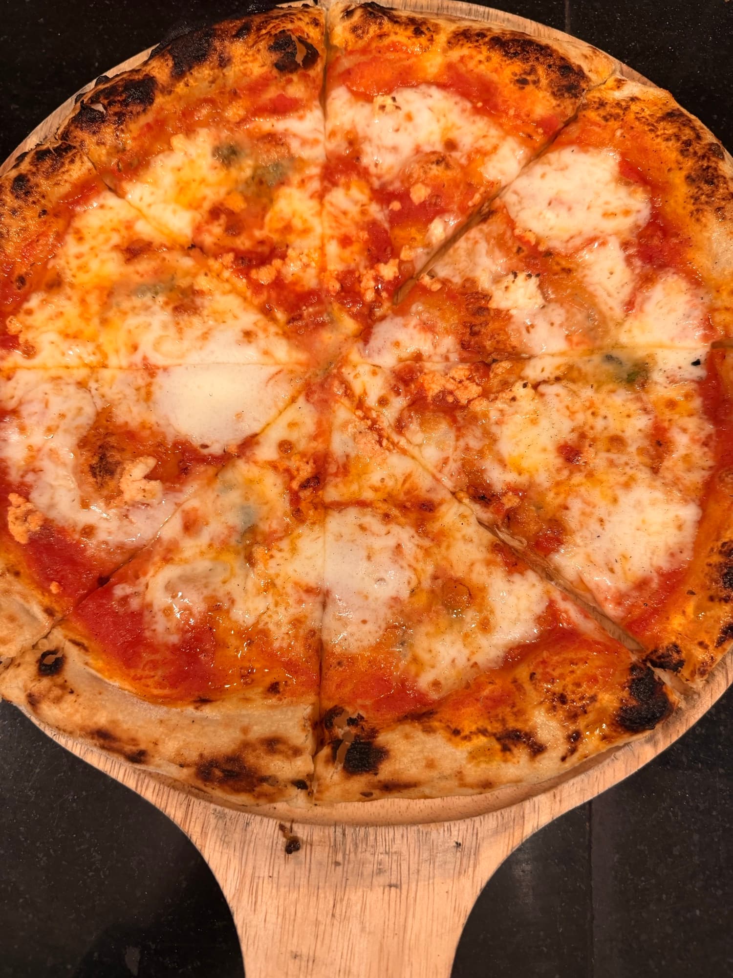 Wood-fired cheese pizza, sliced to share